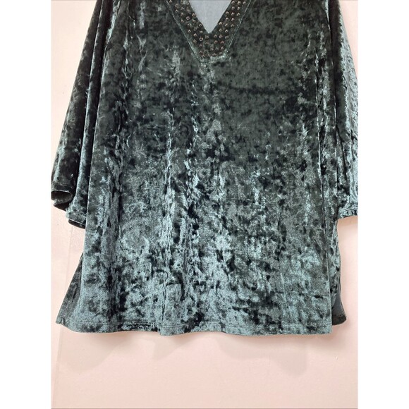 Michael Kors Velvet Top Size L Emerald Green Crushed Blouse Bell Sleeves 3/4 - Picture 14 of 14